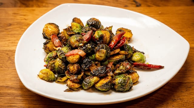 Dry Fried Brussels Sprouts.