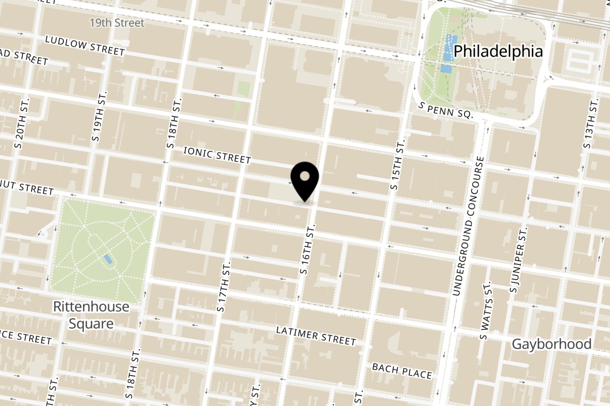 Map showing the location of DanDan Rittenhouse on 126 S 16th St in Philadelphia